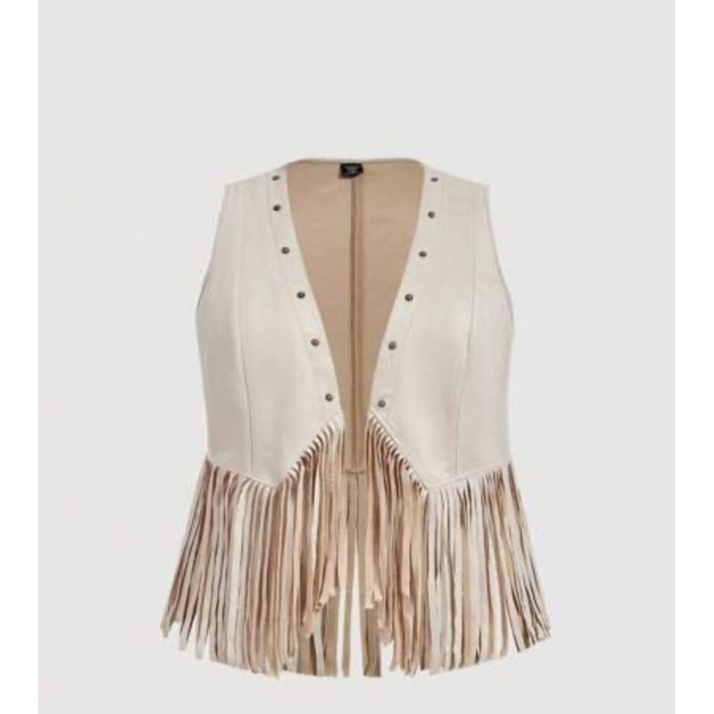 Faux Suede Fringe Vest Women 3XL Beige Excellent Studded Western Boho Festival
